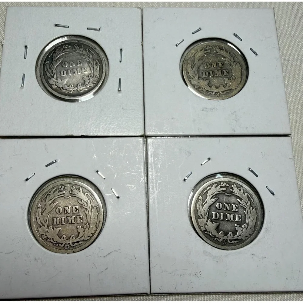 Lot of 4 US Barber Silver Dimes 1898-P 1900-S 1908-D 1915-S 90% Silver Coins